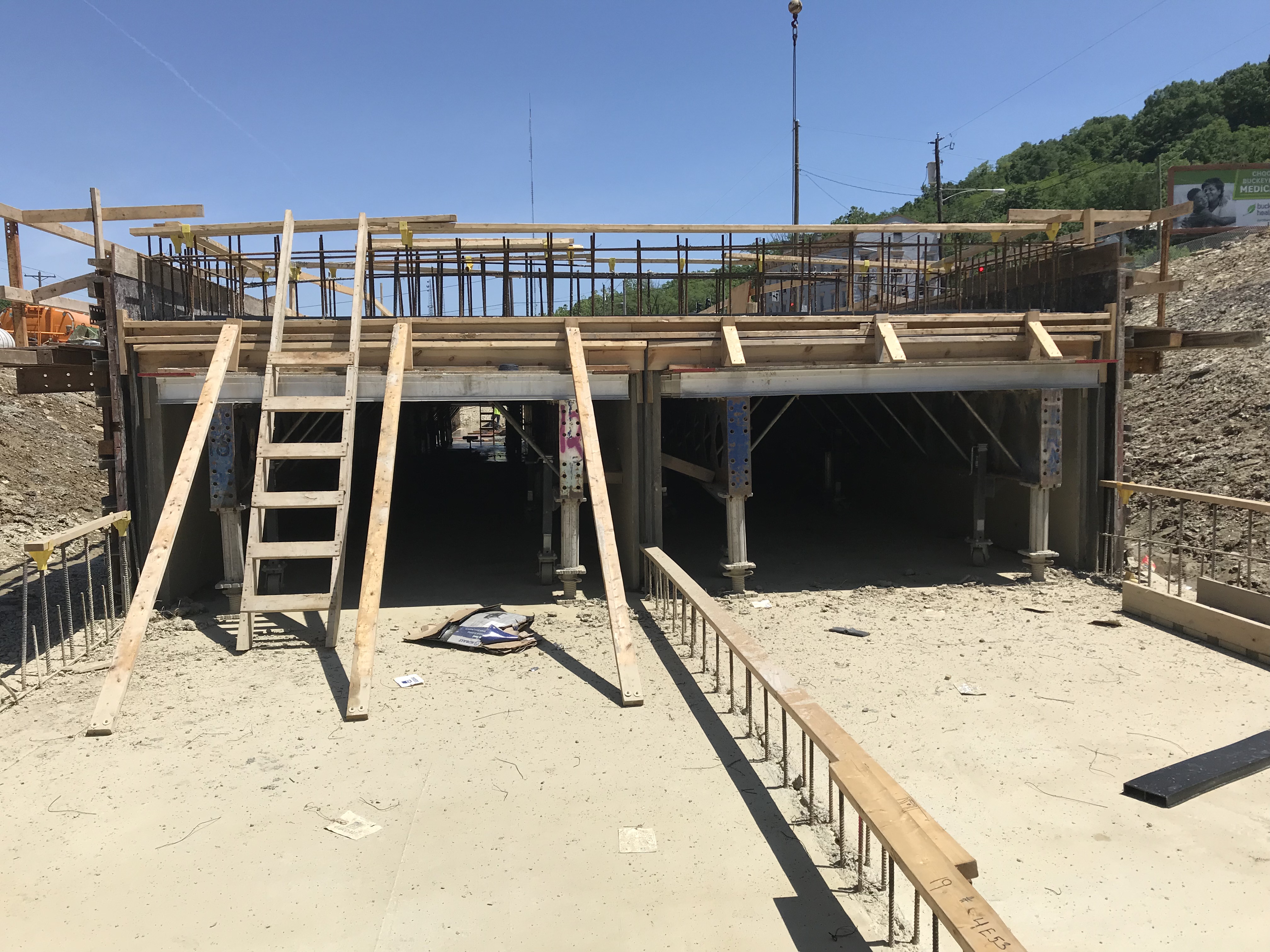 Closeup of construction of a two-cell portion of the stormwater conveyance box in 2017