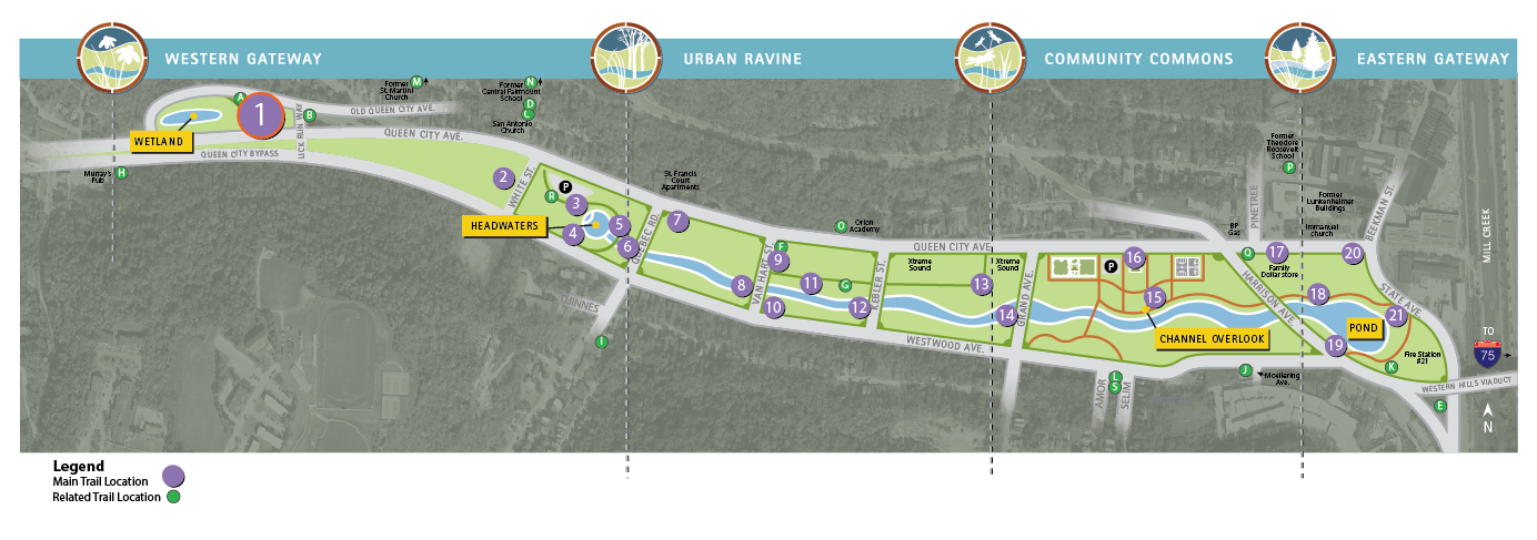 Map showing Trail Location #1 - Forebay pond at the intersection of old Queen City Avenue and Queen City Bypass