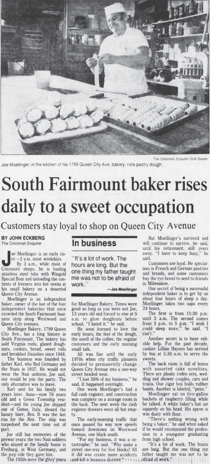 Cincinnati Enquirer newspaper article on the Moellering Bakery in South Fairmount