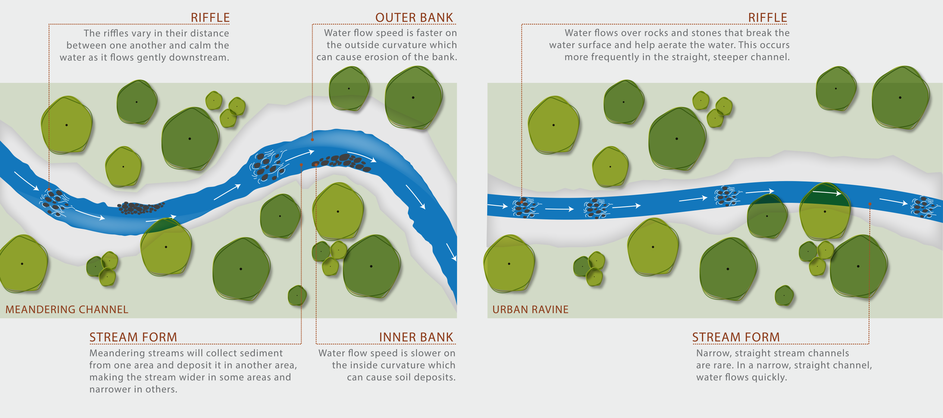 Graphic explaining stream vs meandering streams