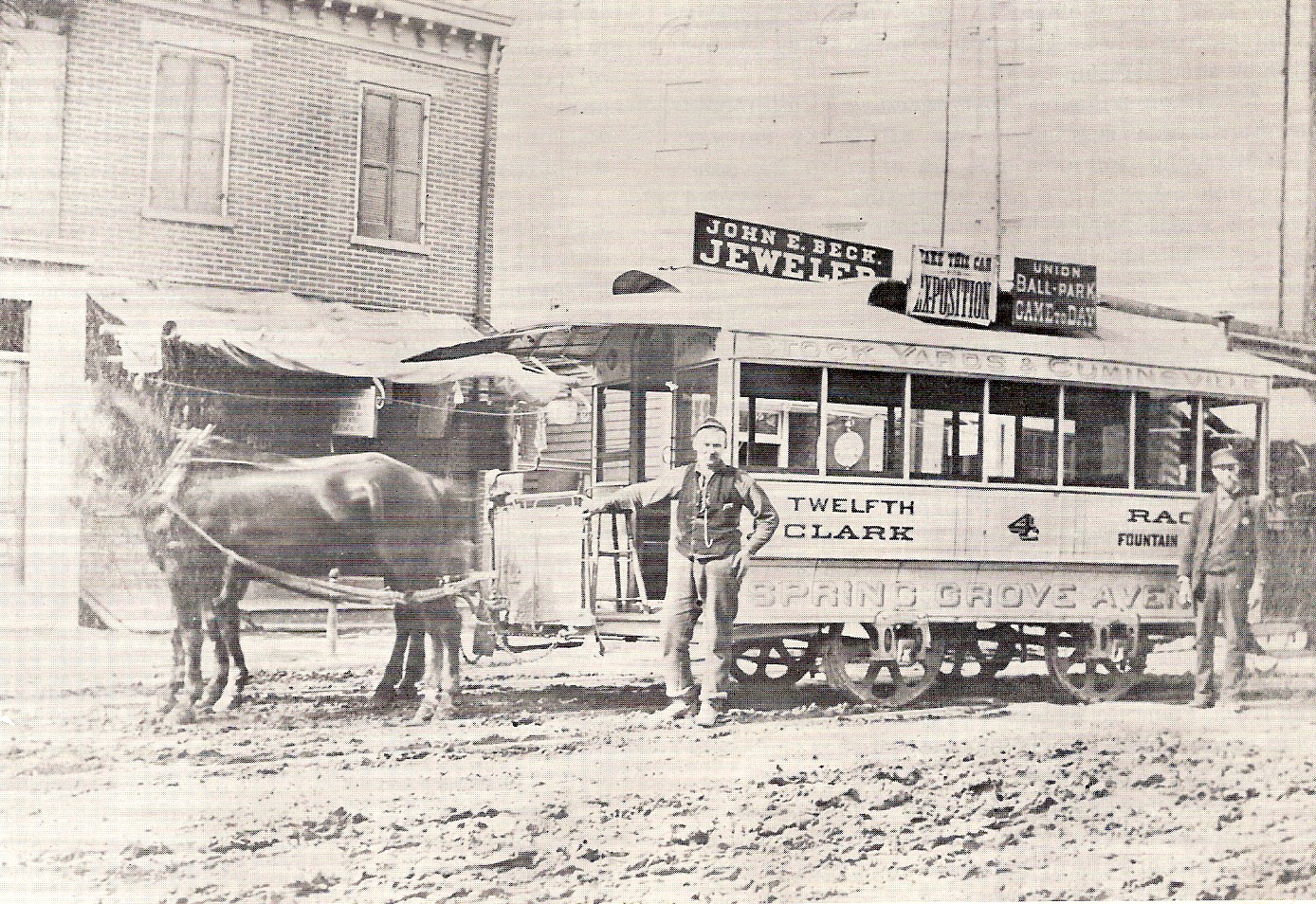 Horse-drawn streetcar "horse car," circa 1890
