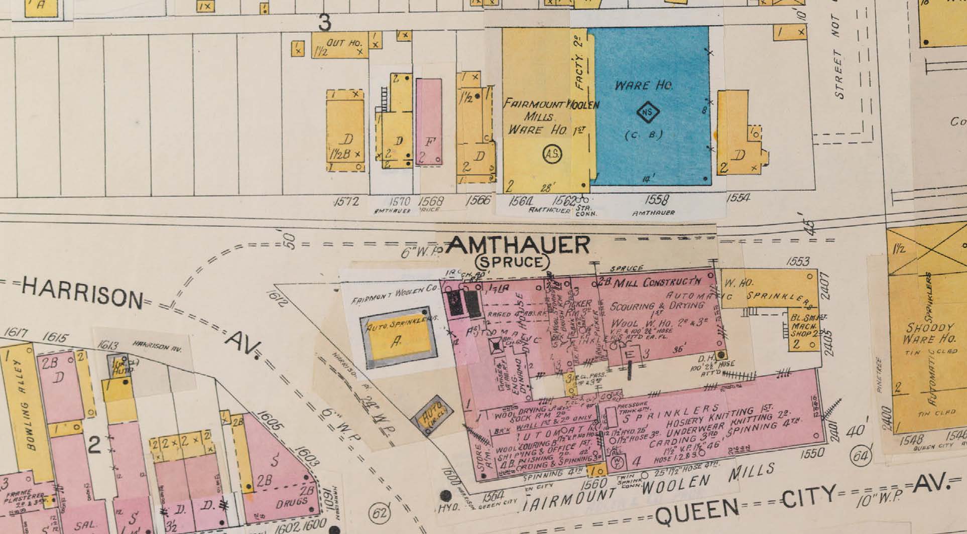 1904 Sanborn map showing Fairmount Woolen Mills