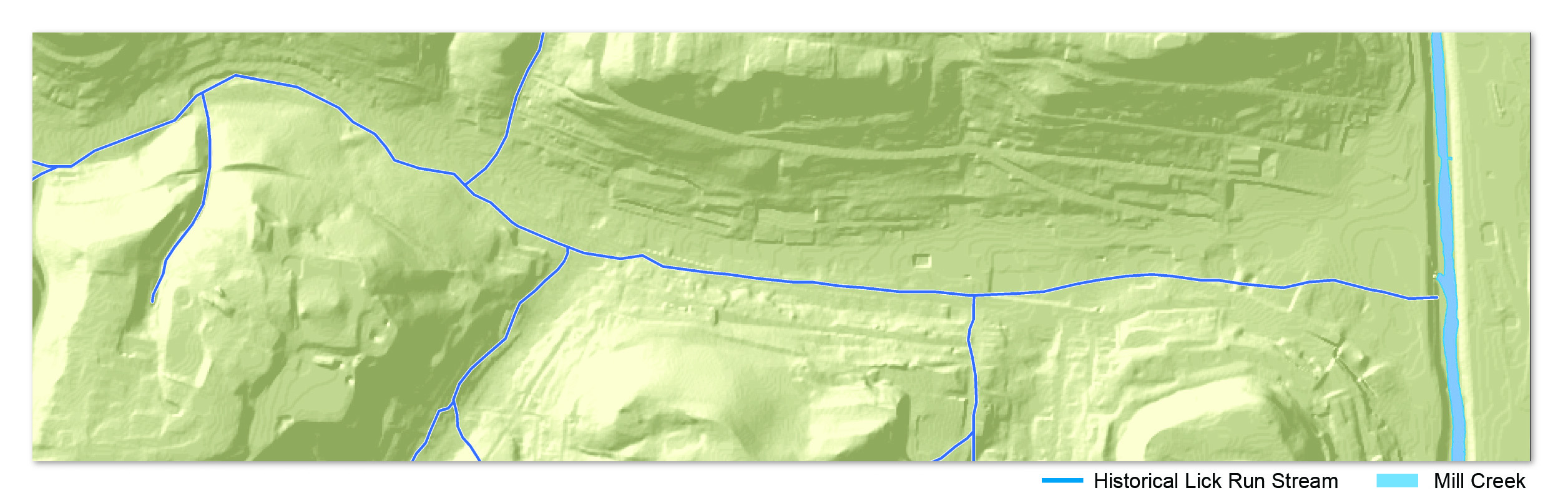 Graphic showing historic Lick Run stream flowing to the Mill Creek