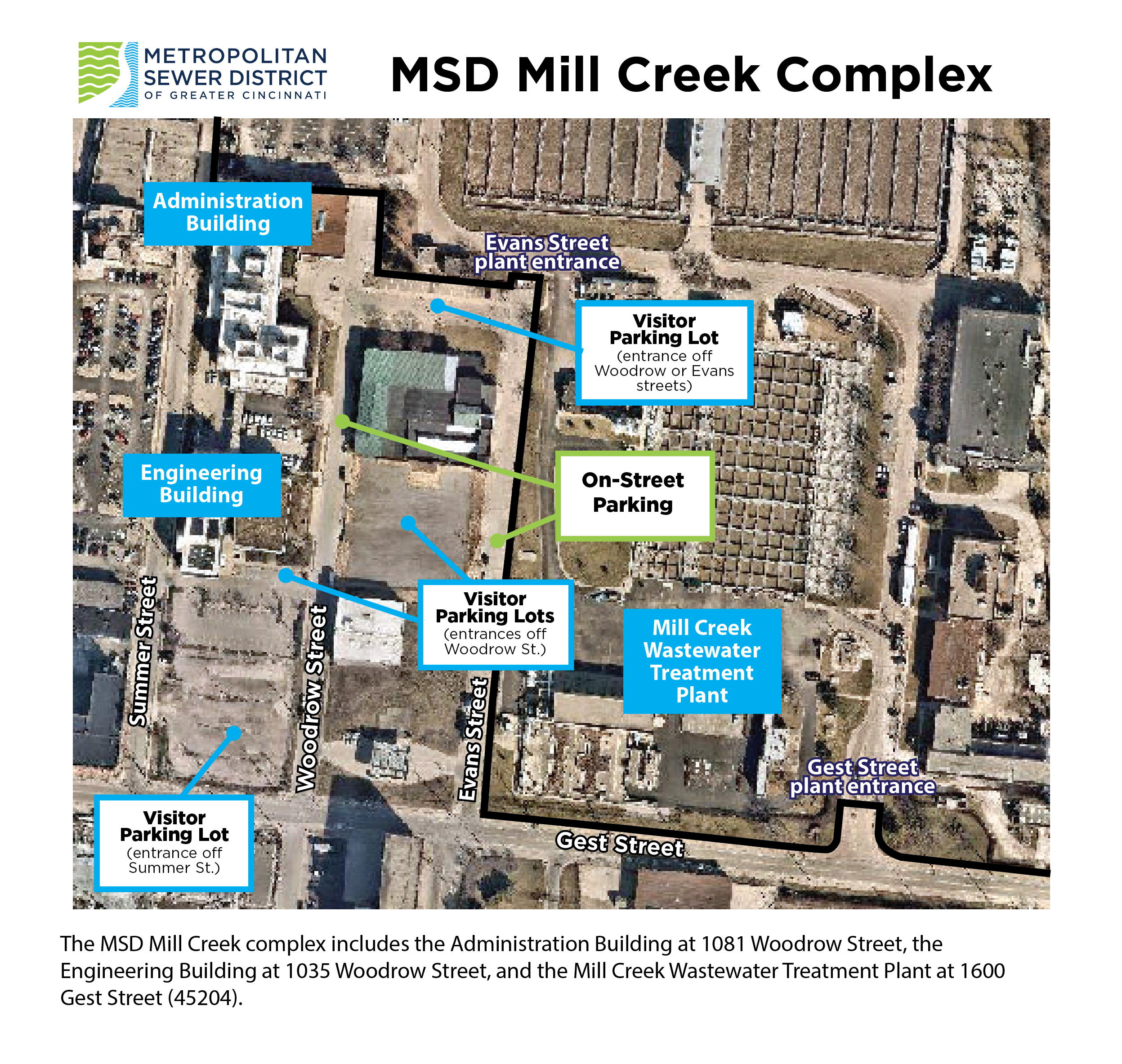 Map showing where to park at the Mill Creek complex