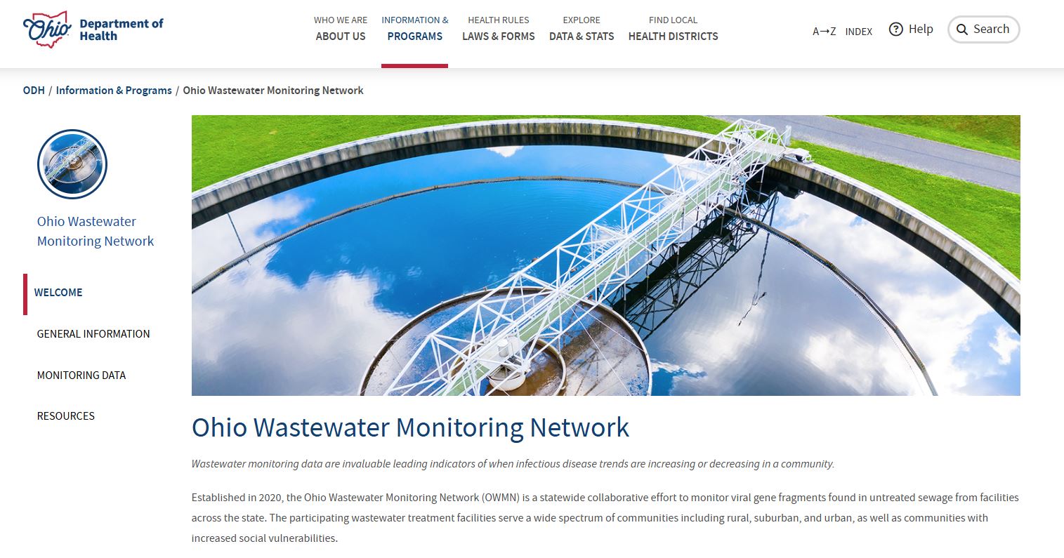 Screenshot of home page of the Ohio Wastewater Monitoring Network