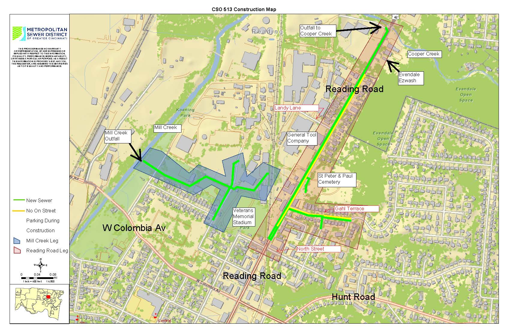 Map showing the project area for MSD's CSO 513 project in Reading