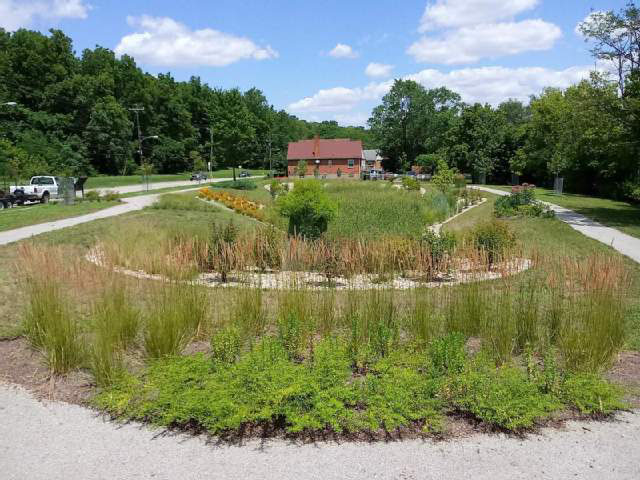 Photo of a bioinfiltration basin (large rain garden) along West Fork Road in Northside